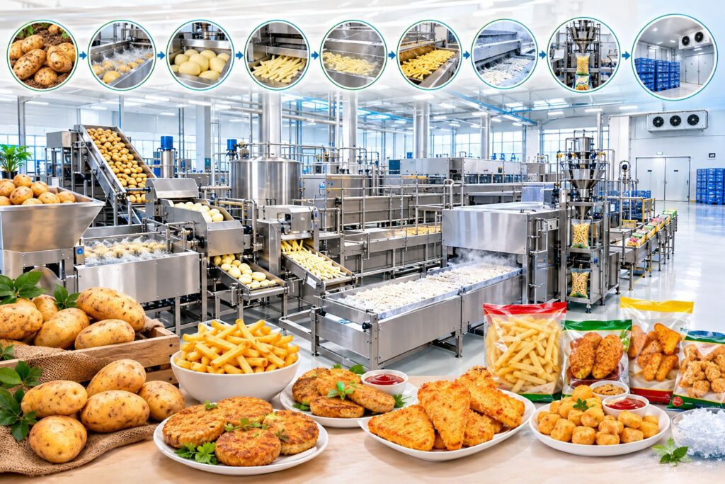 Frozen potato products manufacturing plant with French fries and aloo tikki processing line