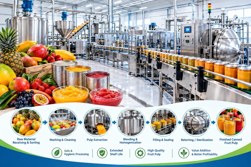 Fruit pulp processing and canning line with filling and sterilization equipment