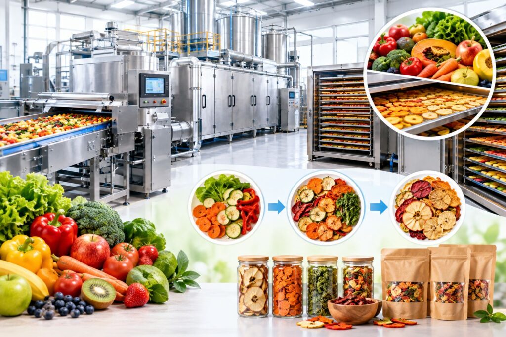 Fruit and vegetable dehydration process with industrial drying equipment