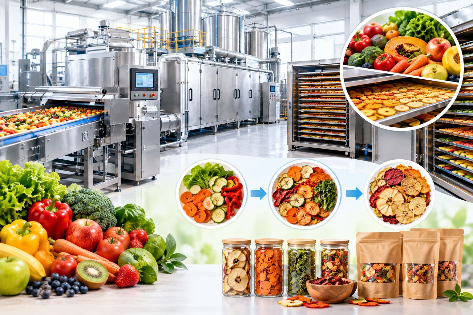 Fruit and vegetable dehydration process with industrial drying equipment