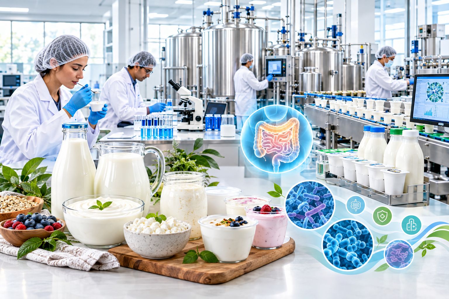 Gut health and dairy products with yogurt, probiotics, and dairy research