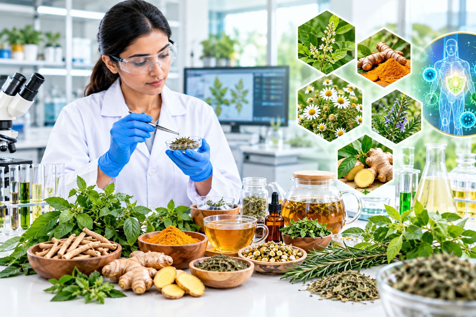 Herbal research facility with medicinal herbs and laboratory testing