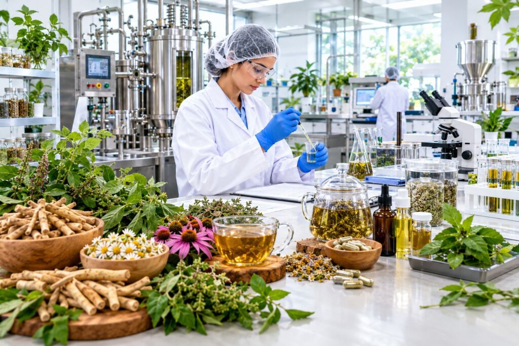 Herbal research facility with botanical ingredients, extraction, and laboratory testing