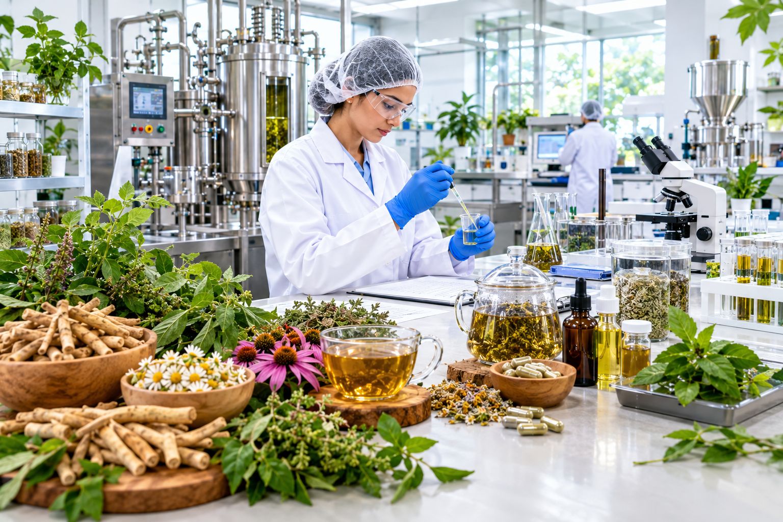 Herbal research facility with botanical ingredients, extraction, and laboratory testing