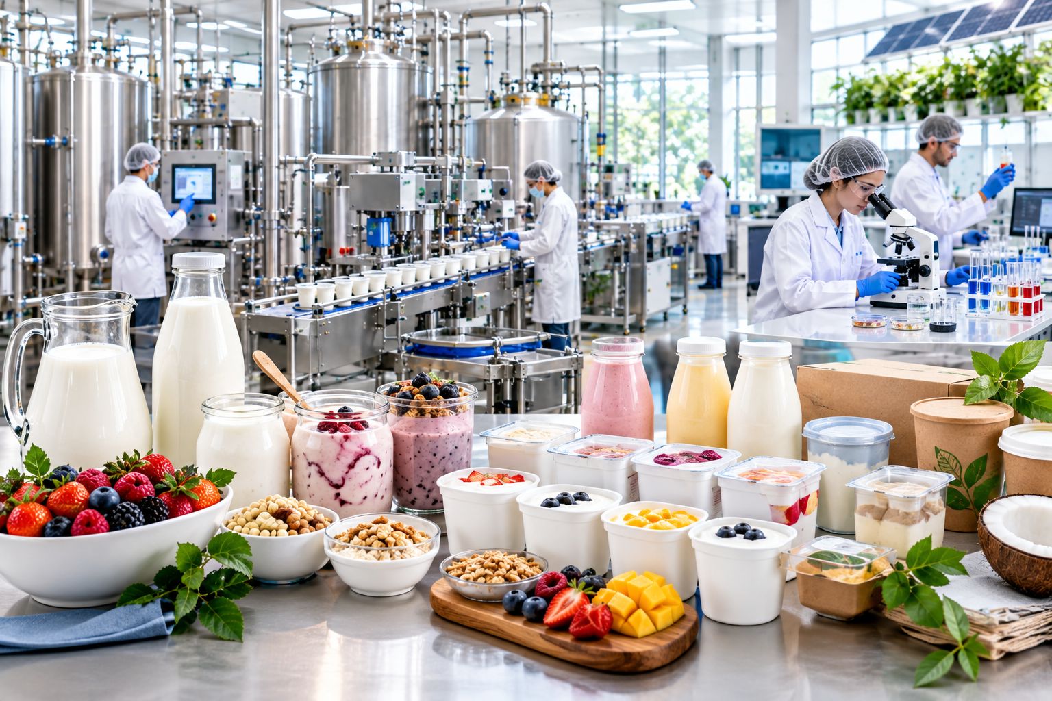 Yogurt manufacturing facility with dairy processing and quality testing equipment