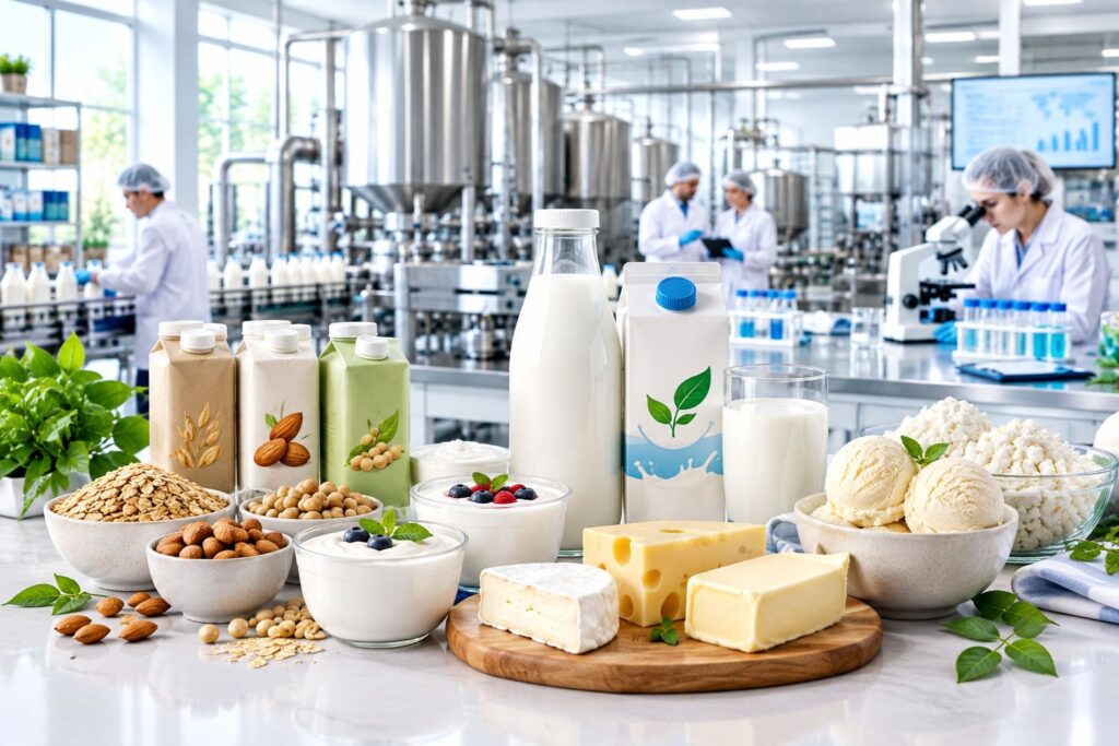 Lactose-free dairy products and plant-based alternatives in food processing facility