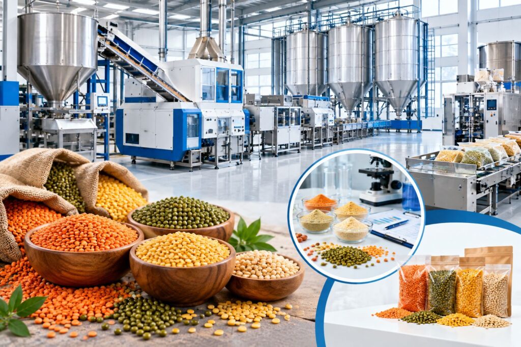 Lentil milling facility with pulse processing machinery and product development setup