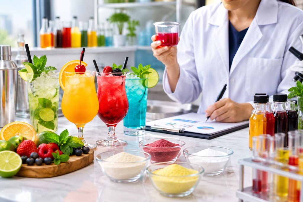 Food formulation consultants developing mocktail premix beverages with fruit ingredients, flavor testing, and beverage innovation research in a modern laboratory.