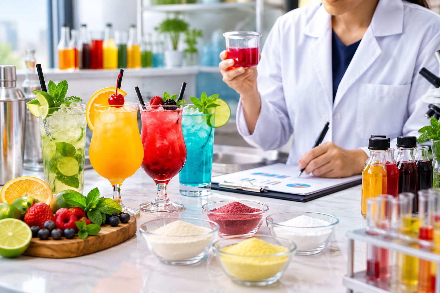 Food formulation consultants developing mocktail premix beverages with fruit ingredients, flavor testing, and beverage innovation research in a modern laboratory.