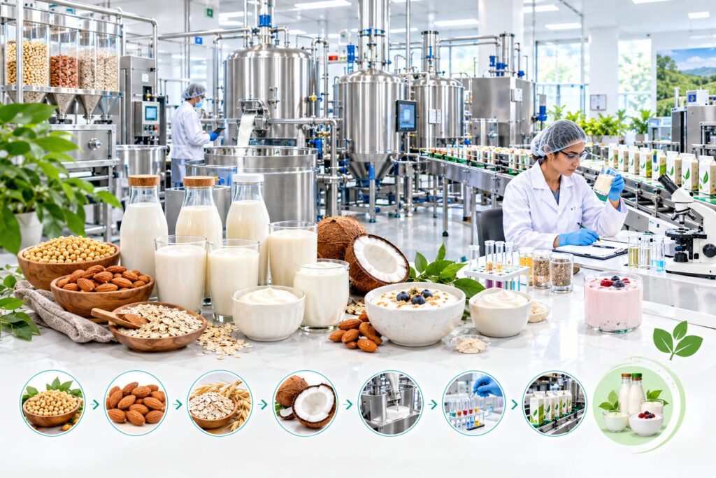 Plant-based dairy alternatives manufacturing facility with processing and quality testing