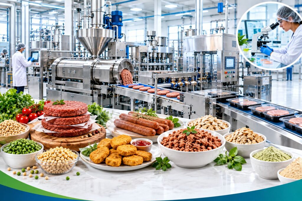 Plant-based meat manufacturing facility with processing and packaging equipment