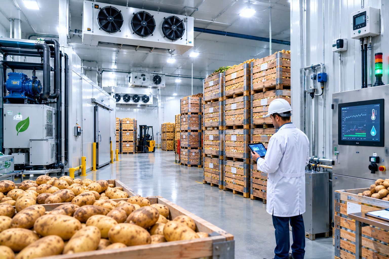 Potato cold storage facility with refrigeration and temperature monitoring systems
