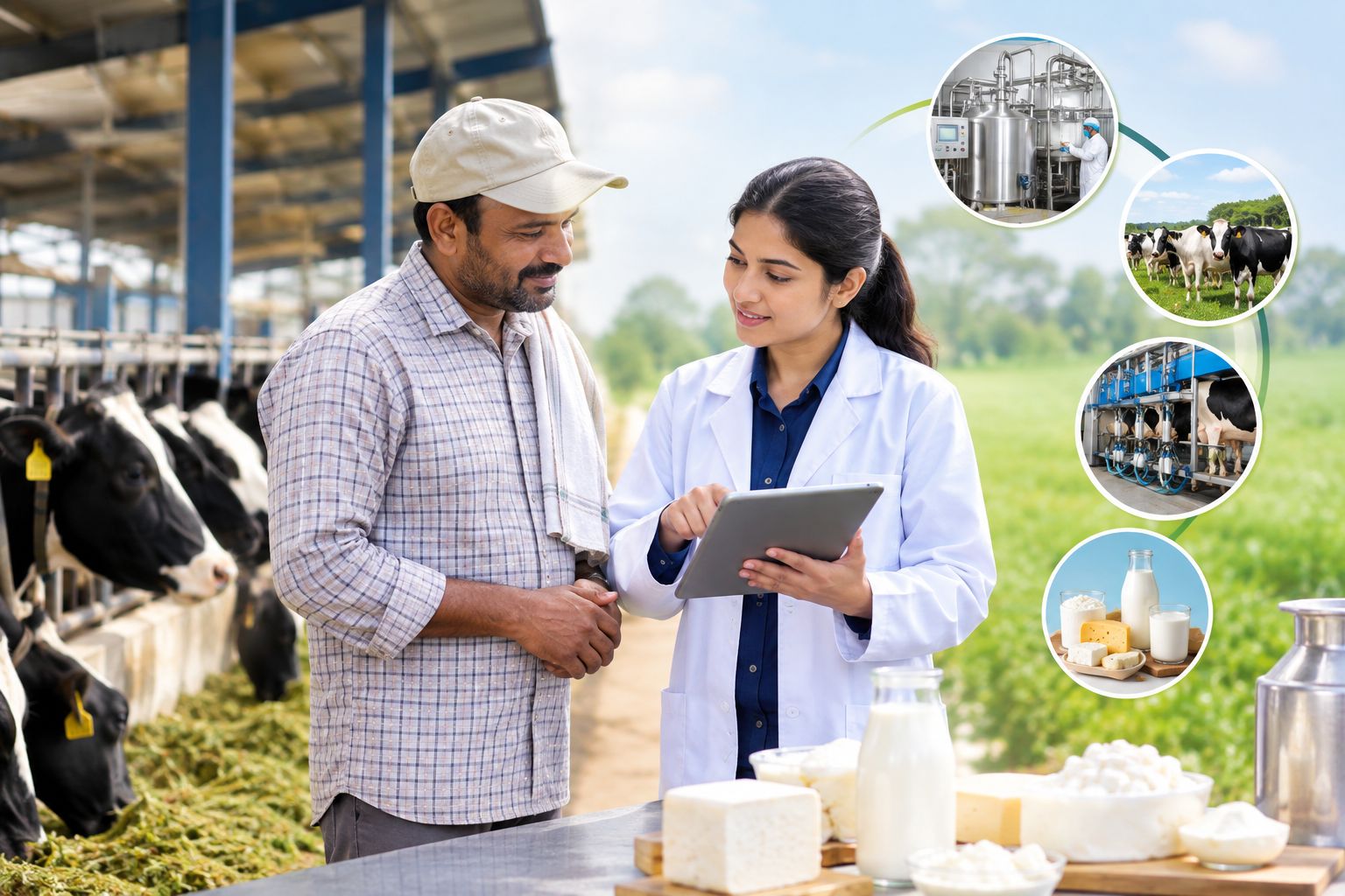 Practical intervention for dairy farms with healthy cows, hygienic milking, sustainable dairy farming, and modern dairy sector management.