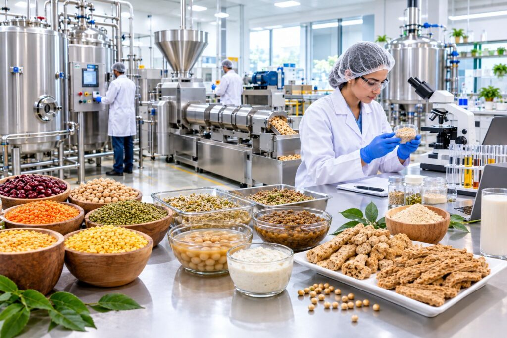 Legume protein processing facility with laboratory analysis and plant-based protein products