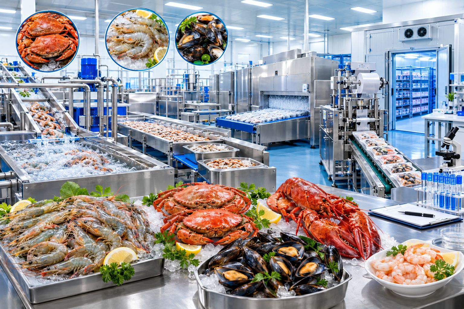 Shellfish product manufacturing facility with seafood processing and packaging equipment