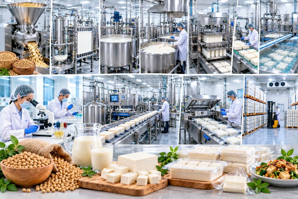 Soya paneer tofu manufacturing unit with soy processing and packaging equipment