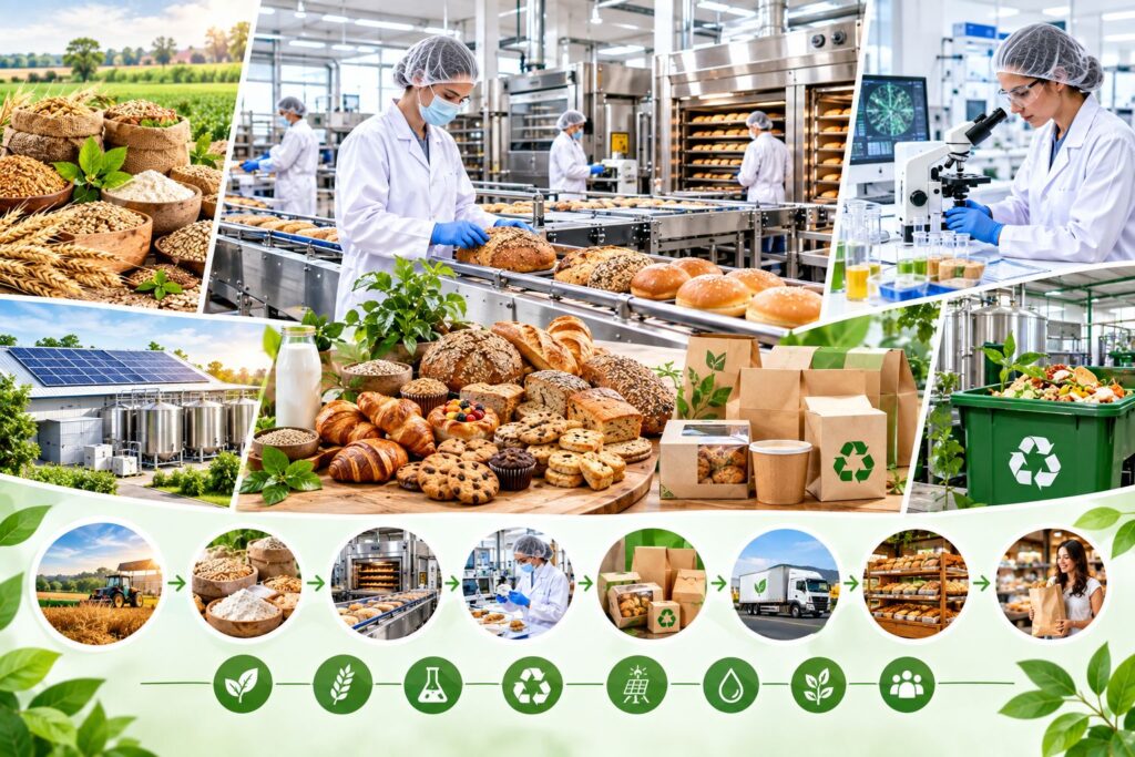 Sustainable bakery production with eco-friendly packaging and energy-efficient processing