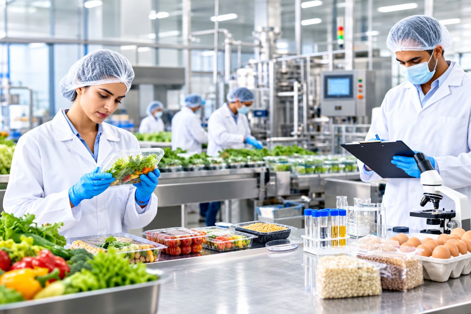 Food safety professionals inspecting food products in a hygienic Indian food processing facility