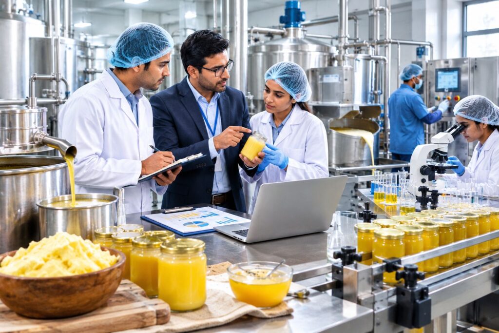 Food manufacturing consultants supervising commercial ghee production, quality testing, and dairy process optimization in a modern processing plant.