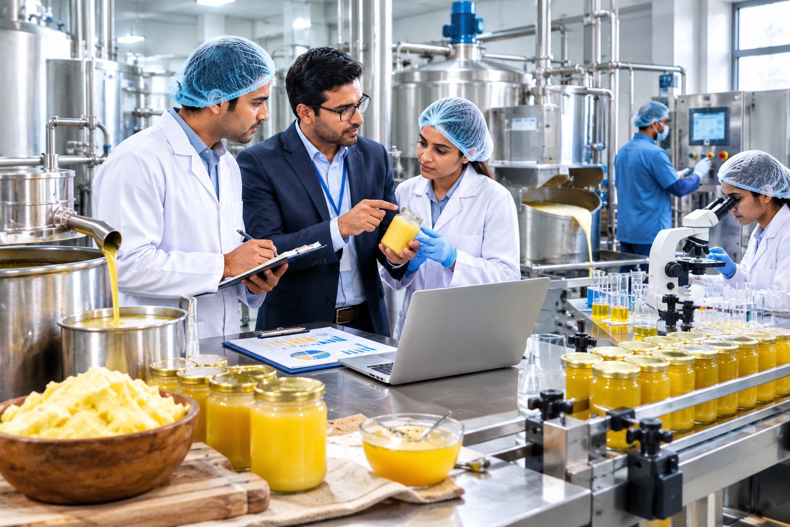 Food manufacturing consultants supervising commercial ghee production, quality testing, and dairy process optimization in a modern processing plant.
