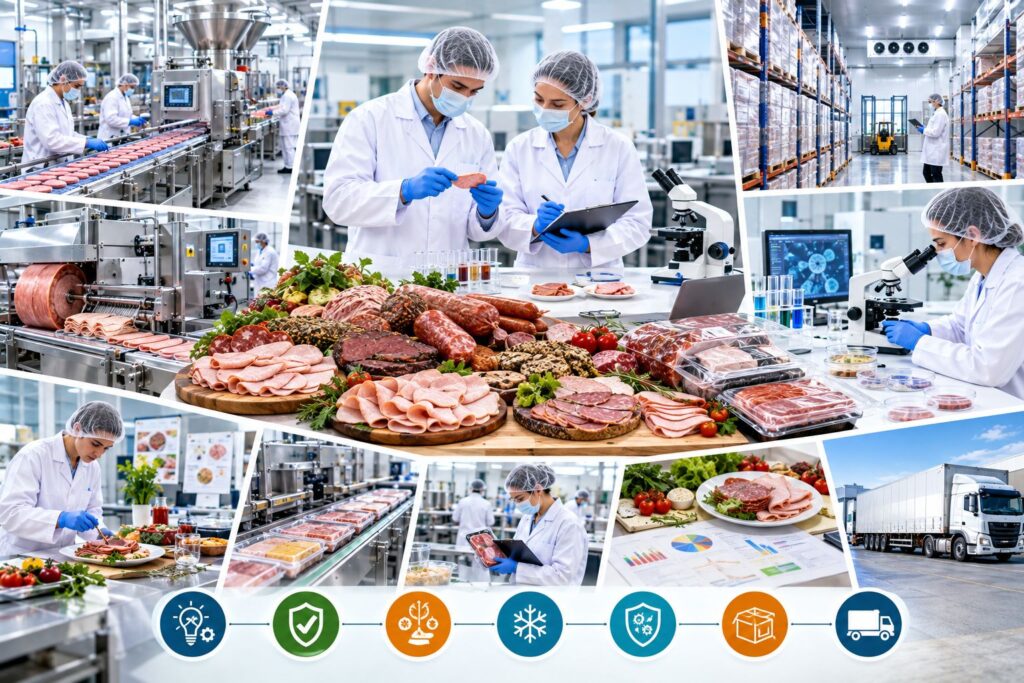 Cold cuts production facility with food technologists, quality testing, and cold-chain management